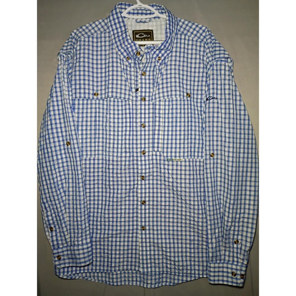 Drake Featherlite Wingshooter Shirt Mens XL Blue Plaid L/S Camp Outdoor Fishing